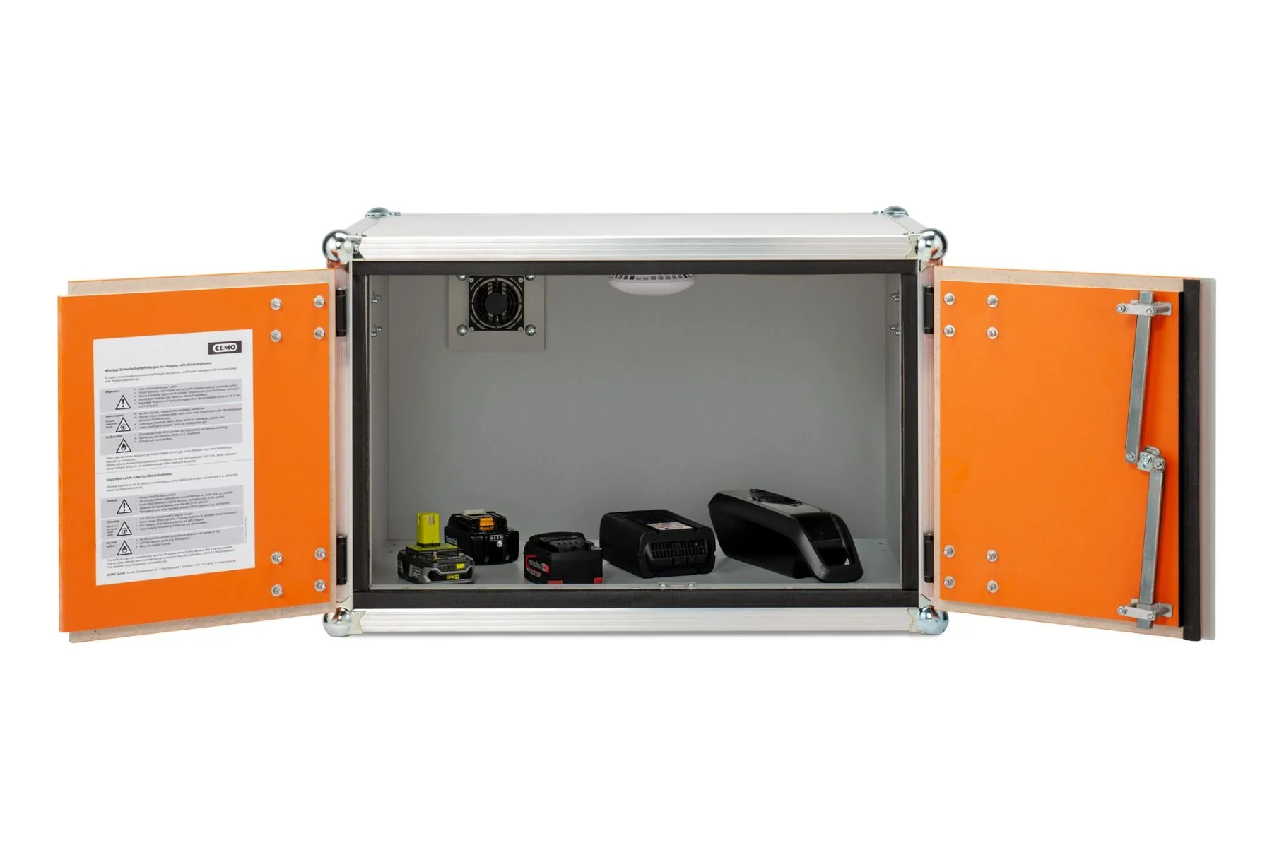 Akku-Lagerschrank 11890 geöffnet NUR für die Lagerung von Lithium Batterien – neue innovative Türverriegelung LockEX
