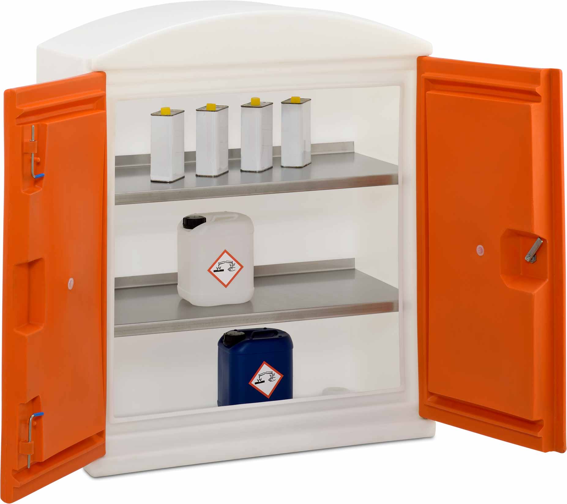 11197_01 Beispiel PE-Umweltschrank M mit integrierter Auffangwanne und abschließbaren Flügeltüren