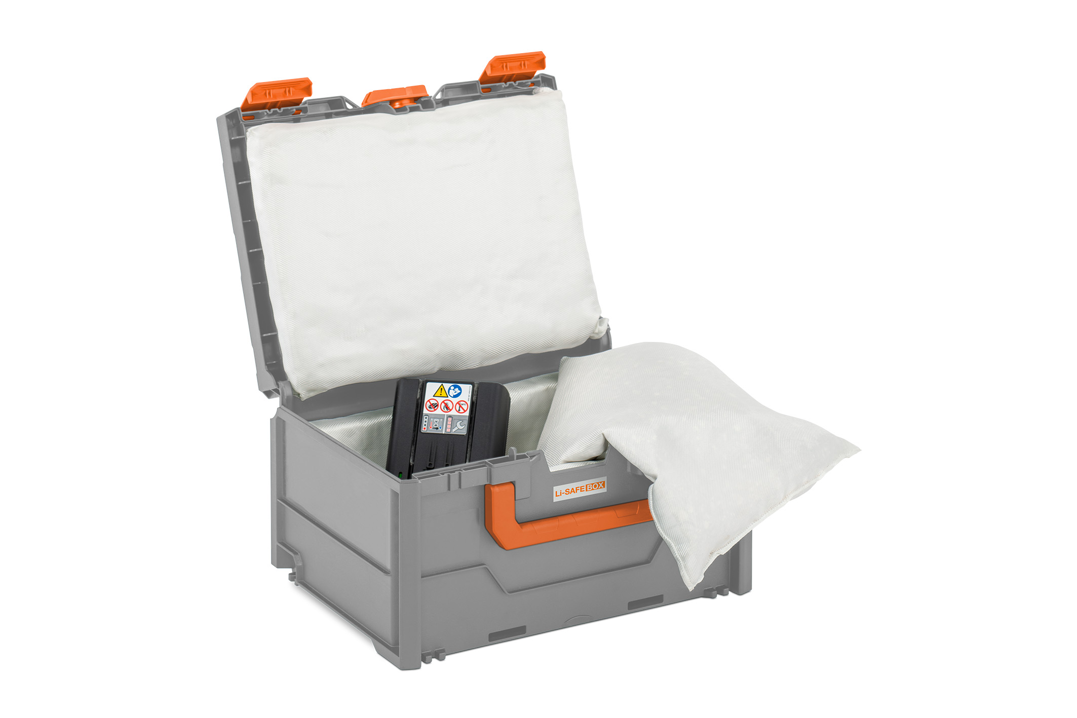11563_Li-SAFE_BOX_offen_mitAkku_2021-03 Akku-Systembrandschutzbox Li-SAFE 2-S – mit UN-Zulassung