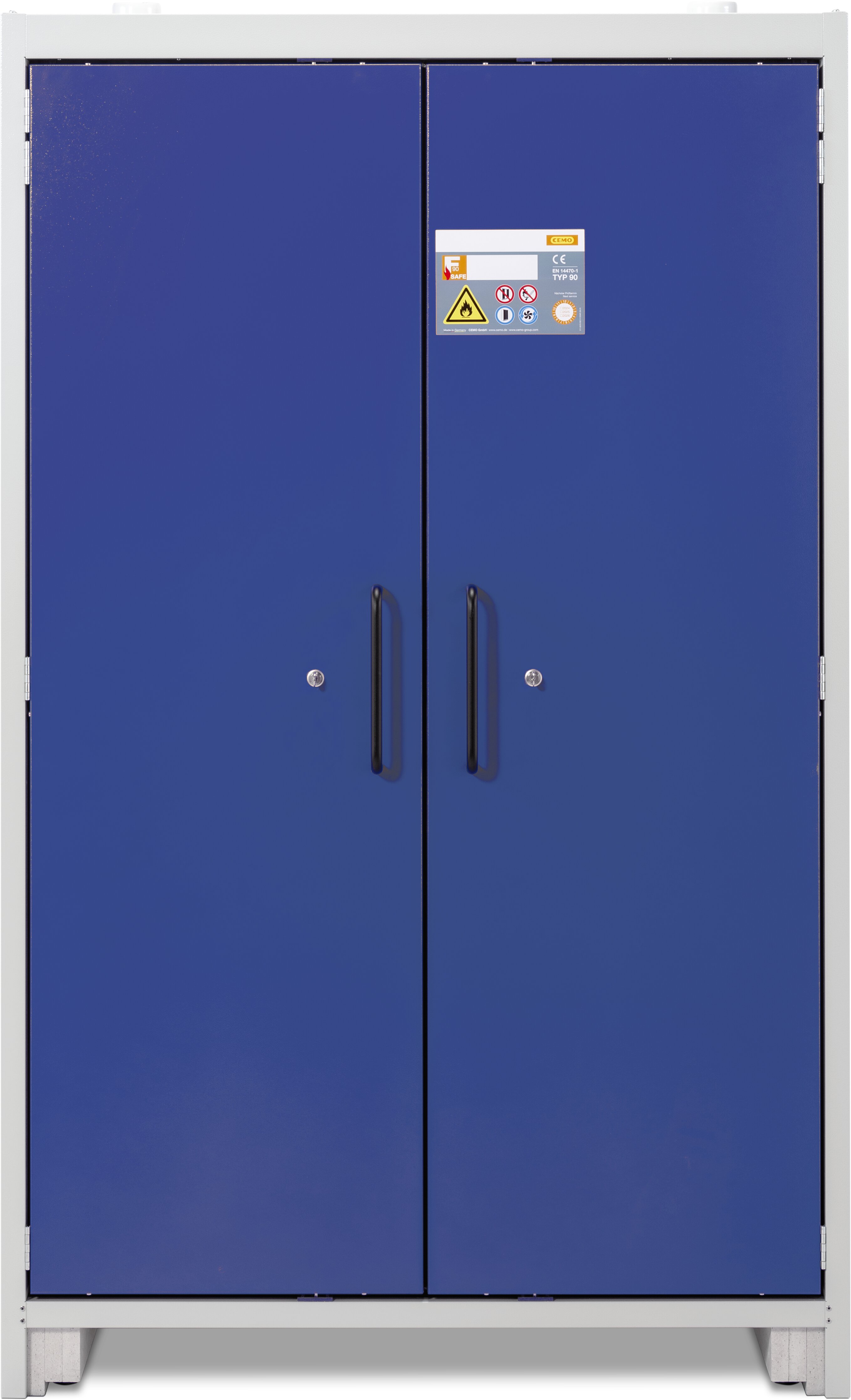 Lagerregal, Blau, Doppelflügeltür, Metall-Schrank, Warnhinweisaufkleber