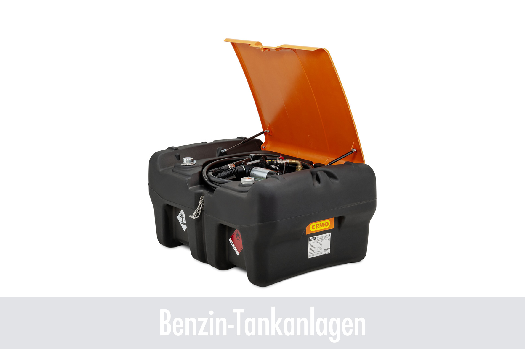 Kraftstofftank, Benzintank, orange Deckel, Schwarz Tank, Kraftstoffbehälter, Gasmotor, Benzin Tank, Kraftstoffbehälter, Kraftstofftank, Container, Kraftstofftank, Benzin Tankanlage, Kraftstoffbehälter, orange Deckel, Industrieller Transporttank