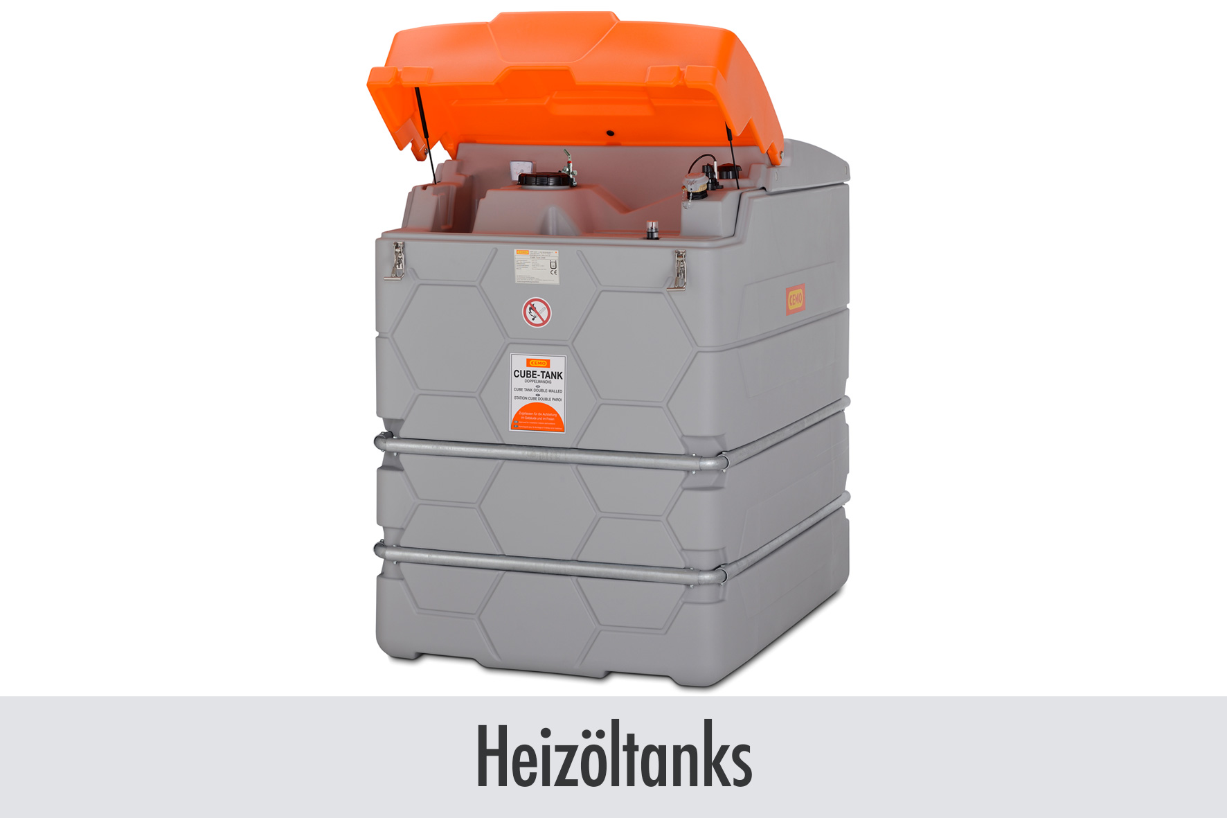 Heizöltanks, Kraftstofftank, Graugrün, orange Deckel, Stoßfeste Konstruktion, Heizöltank, Tankanlage, Grau, Gehäuse, Deckel orange