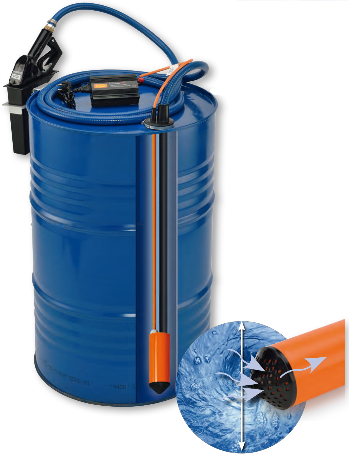 91000-Fassaufbau Beispielanwendung von Tauchpumpe CENTRI SP30 mit Fass und Zubehör