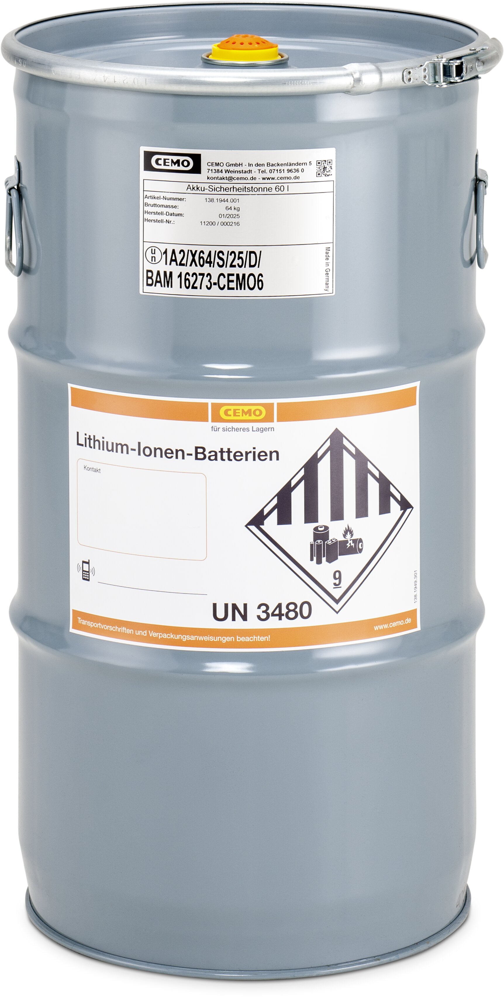 Akku-Sicherheitstonne mit speziellem Ventil zur Druckentlastung im Schadensfall, Stahlfass, Lithium-Ionen-Batterien, Sicherheitsbehälter, UN 3480, Grau