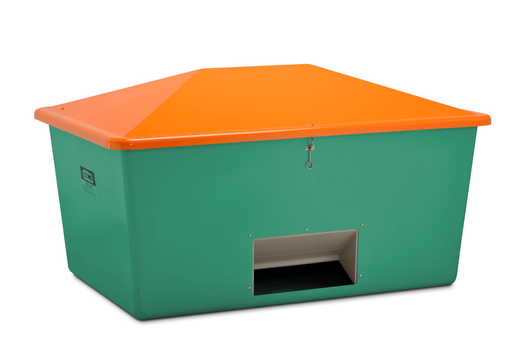 Streugutbehälter aus GFK ab 550 Liter, Entnahmeöffnung,  Behälter grün, Deckel orang