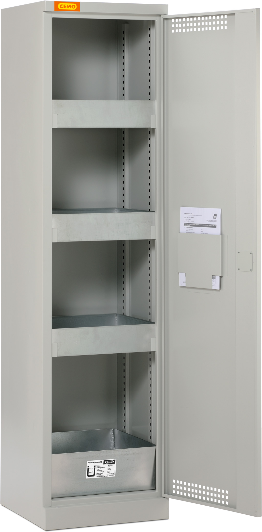 Umweltschrank 5/20 mit 1 Bodenwanne und 3 Wannenböden geöffnet