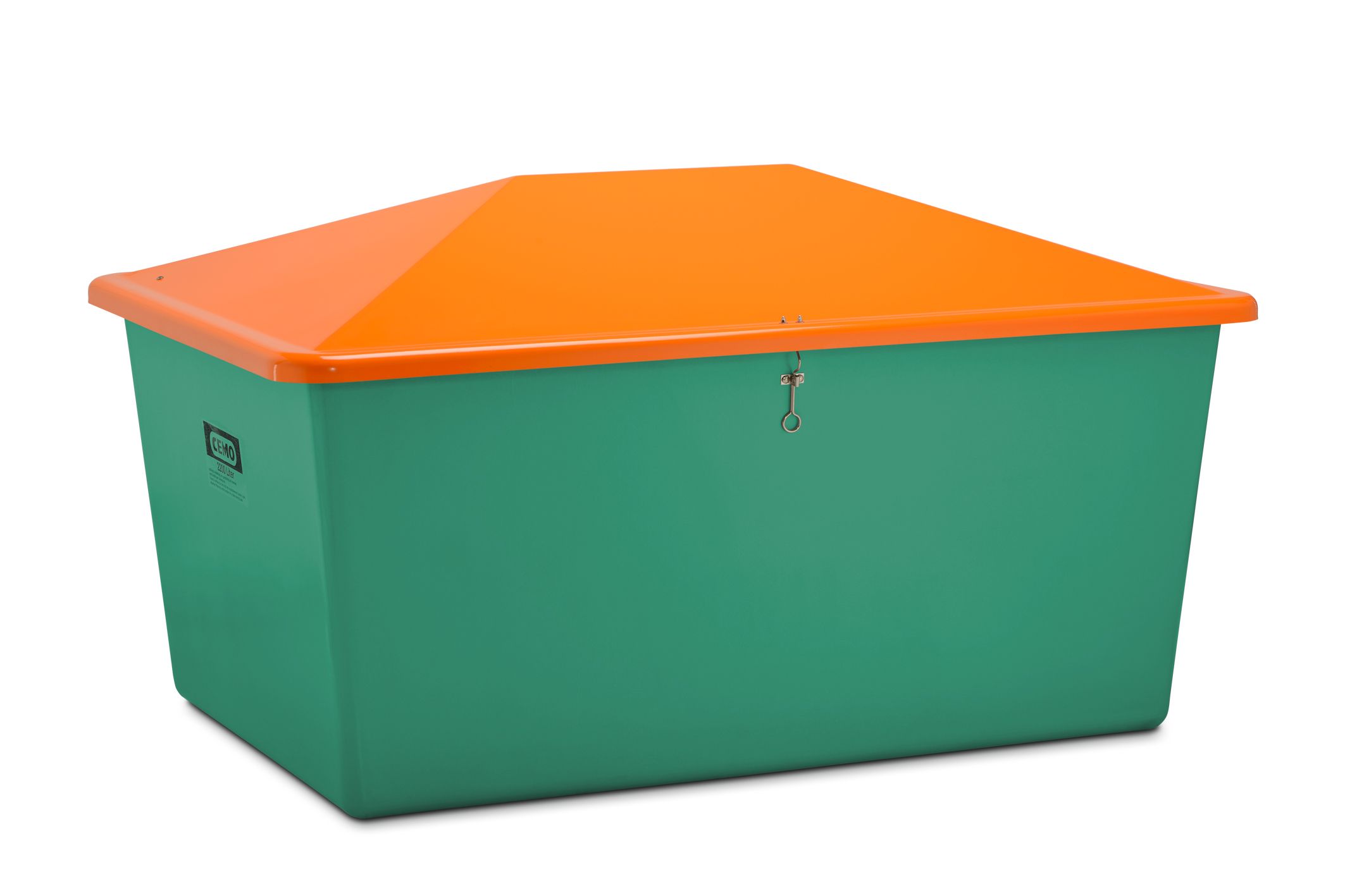 Streugutbehälter aus GFK ab 550 Liter, Behälter grün, Deckel orang Streugutbehälter aus GFK ab 550 Liter, Behälter grün, Deckel orang