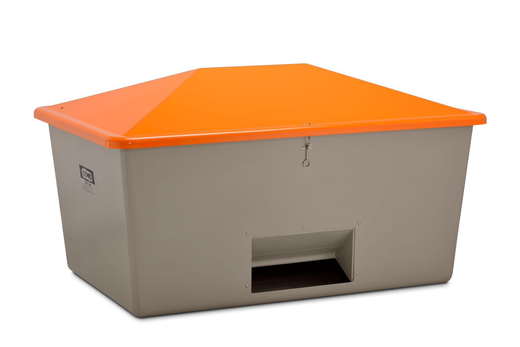 Streugutbehälter aus GFK ab 550 Liter,  Entnahmeöffnung, Behälter grau, Deckel orangePostfach, Kiste