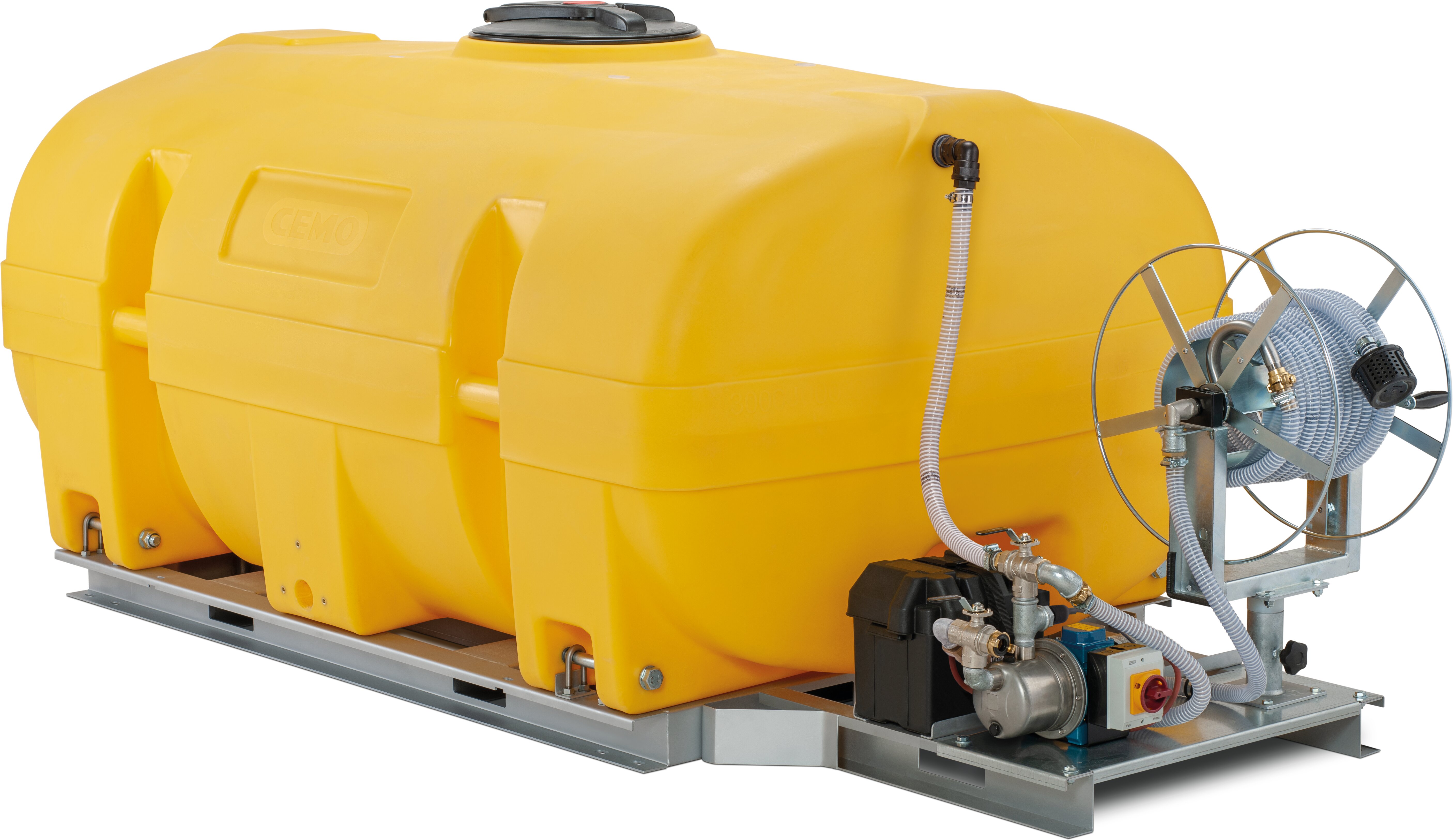 Tank, Wassertank, gelber Tank, Schlauchspule, Pumpensystem