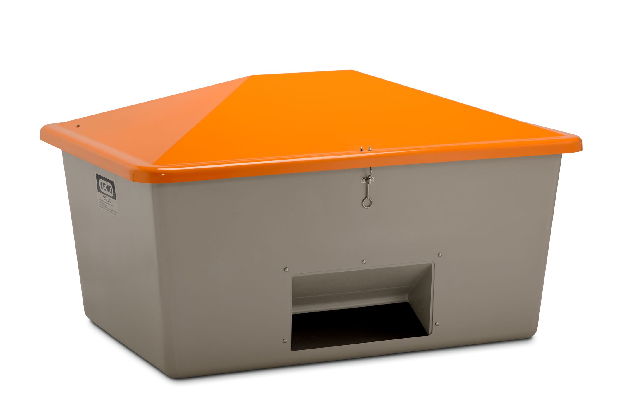 Streugutbehälter aus GFK ab 550 Liter,  Entnahmeöffnung, Behälter grau, Deckel orange