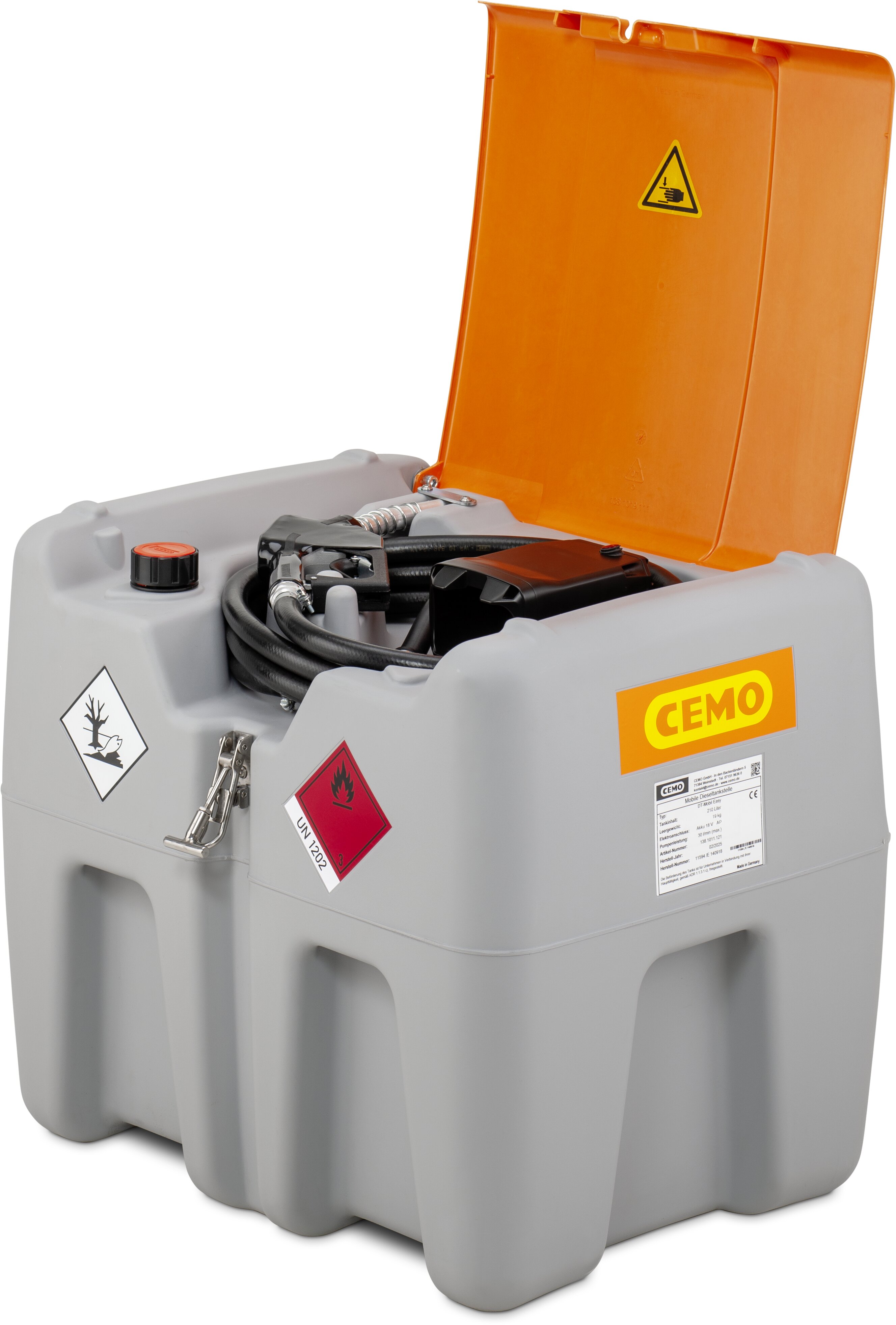 Gehaltbehälter, Kraftstoffkanister, orange Deckel, Flüssigkeitbehälter, Warnhinweise