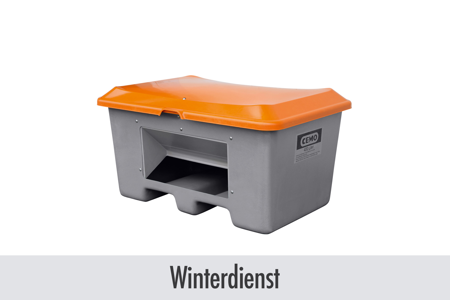 Kasten, Aufbewahrungsbox, orange Deckel, Stahl/Plastik, Winterdienst, Werkzeugbox, Kasten mit Deckel, orange Deckel, Grau Plastik, Winterdienst, Abfallbehälter, Mülltonne, Kunststoff, orange Deckel, Größeneinheit 400 Liter, Kasten, Kasten mit Deckel, oran