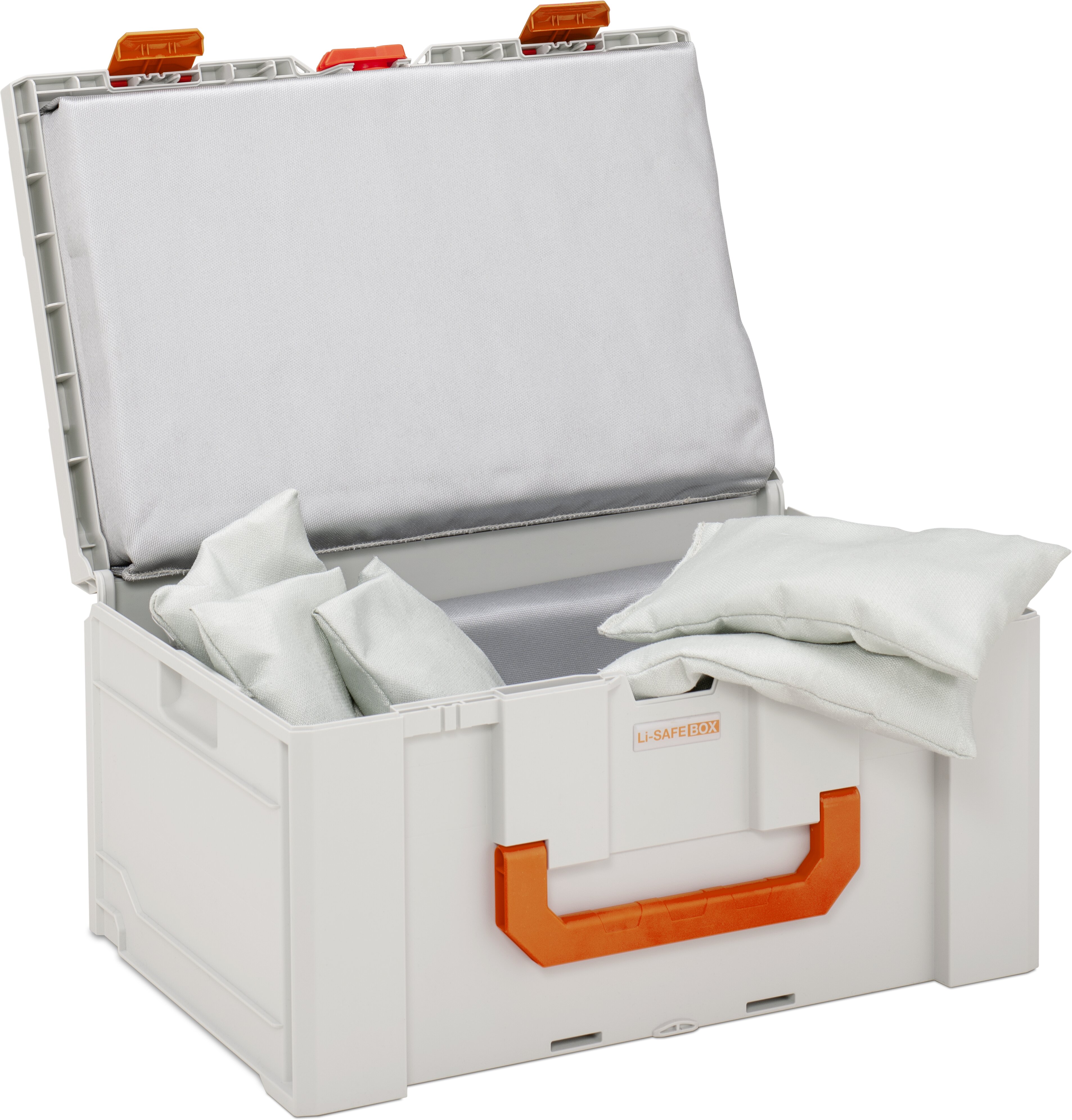 Aufbewahrungsbox, Kunststoffbox, weißer Korpus, oranger Griff, gepolsterter Deckel